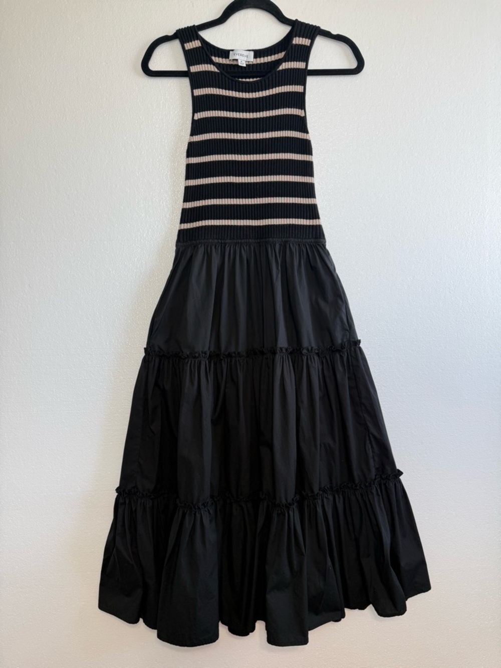 EVEREVE Striped Mixed Media Tiered Sleeveless Midi Dress Black Tan Size M